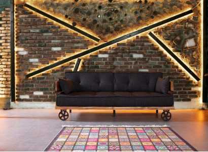 Schwarze Stoff Couch auf Rädern Loft Design mit Holz Korpus Sofa Möbel 